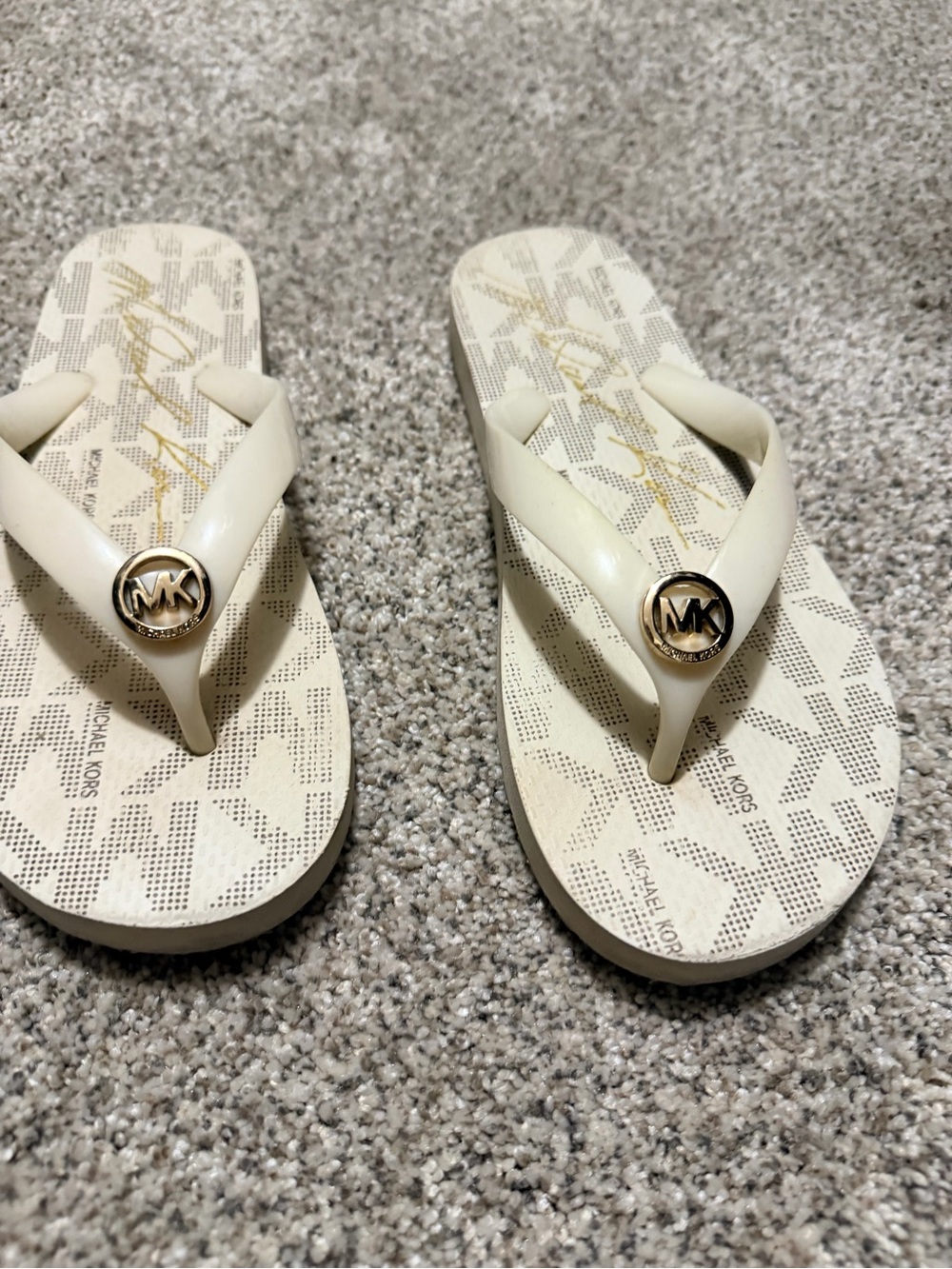 Michael Kors Cream Logo Thong Sandals with Gold MK Emblem